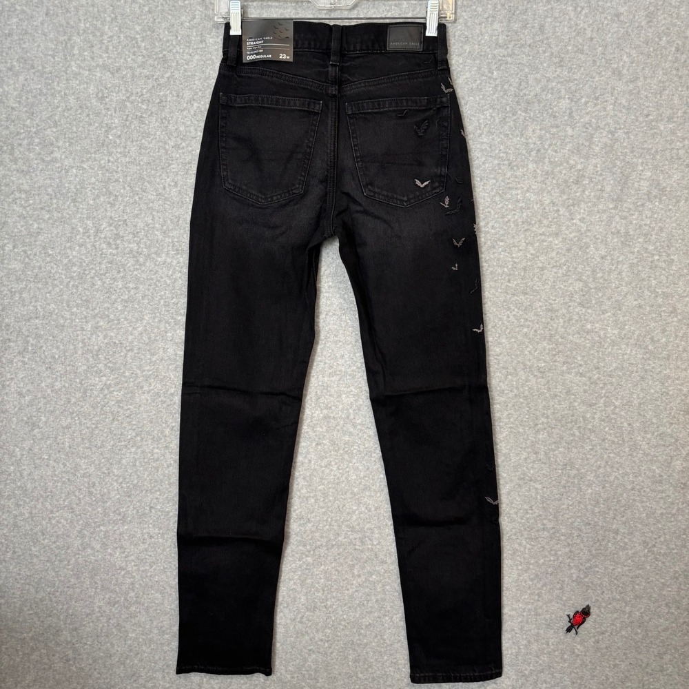 American Eagle Women's 000 Reg Black Denim Jeans‎ High-Rise Bat Embroidered Goth - Picture 6 of 11